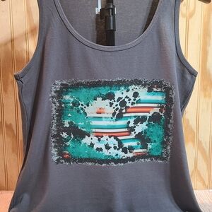 Western Glitter Cowhide and Serape Print Gray Tank Top with Abstract Design